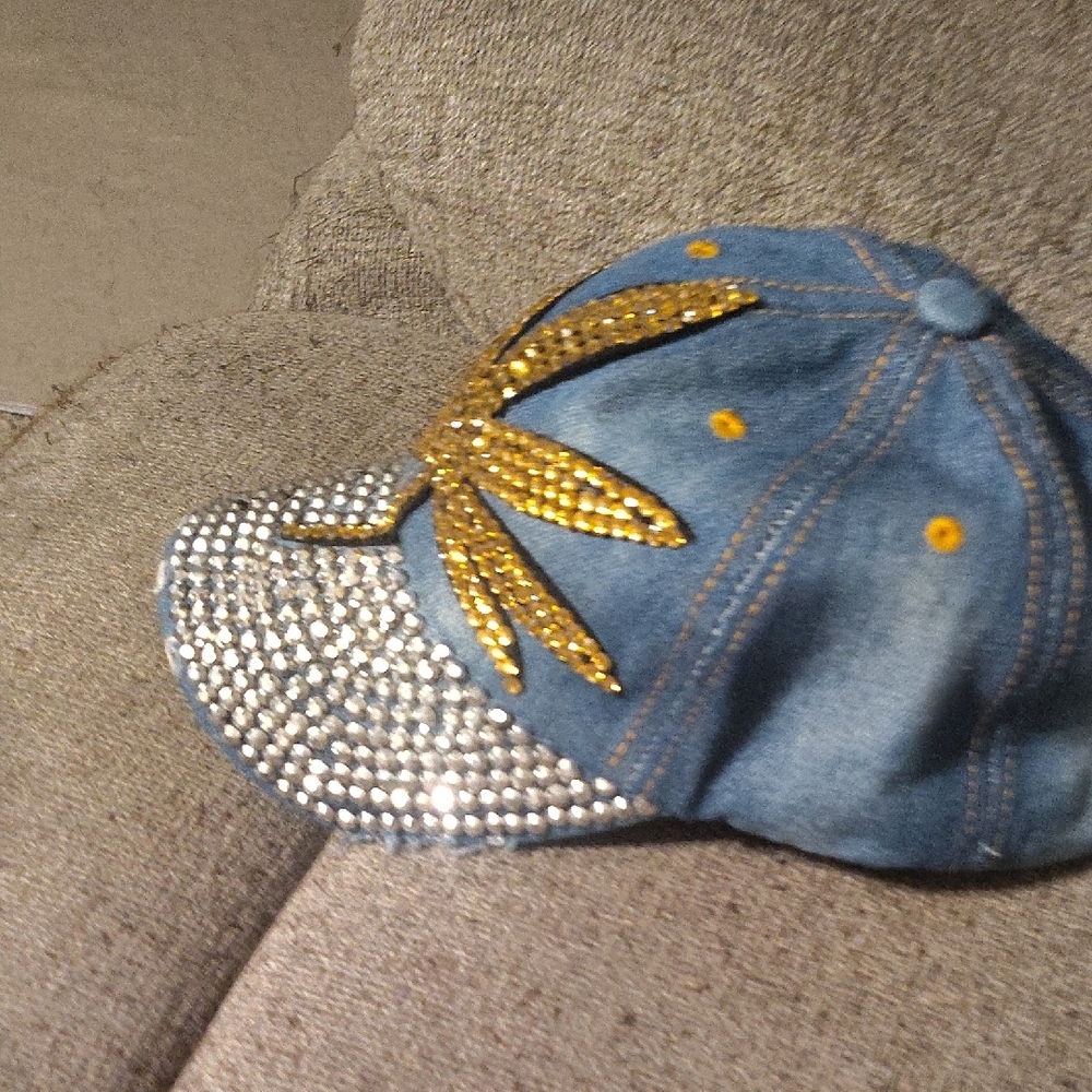 Embellished Denim Cap with Gold Leaf Design - Picture 4 of 6